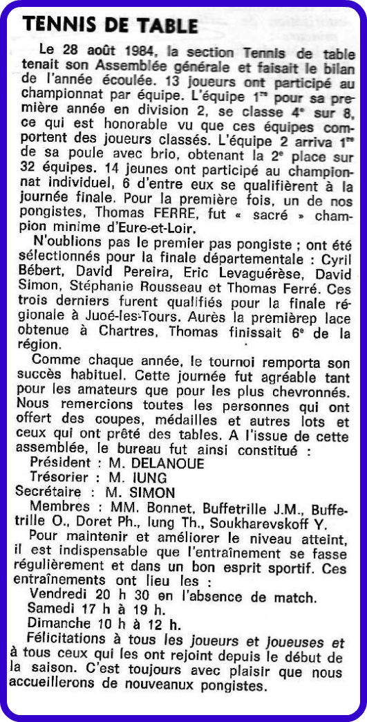 Tennis table bulletin fresnay n 10 annee 1985